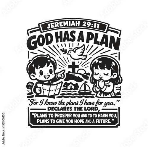 Illustration displaying a religious message with children a dove and a cross referencing jeremiah 29 11