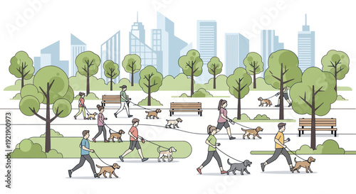 People walking dogs in a city park, illustration, urban leisure activities.
