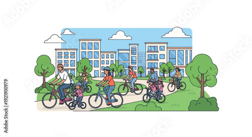 Diverse families cycling on a sunny day in a modern green city park