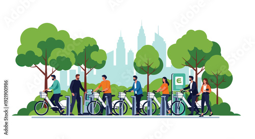People Renting Electric Bikes in a City Park with Skyline Background