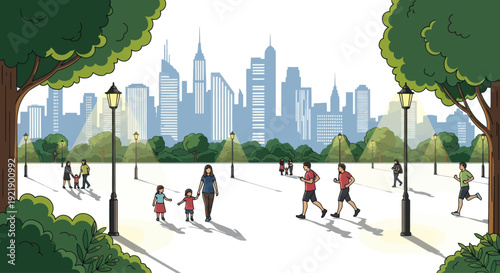 People enjoying a sunny day in a city park with a skyline backdrop