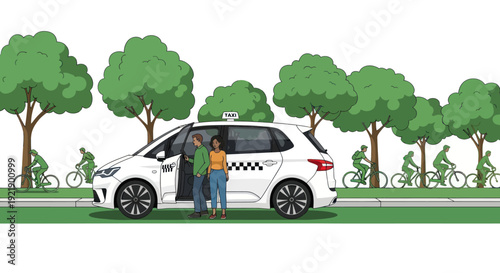Diverse couple exiting white taxi cab on city street with cyclists and trees