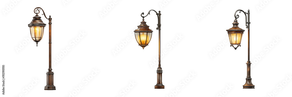 Naklejka premium Set of Old-fashioned lamppost in retro design, standing on transparent png background. Ai generated
