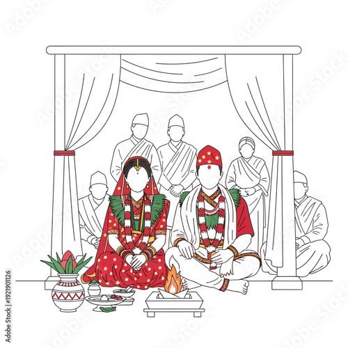 Sacred hindu fire wedding ceremony with family members and traditional offerings