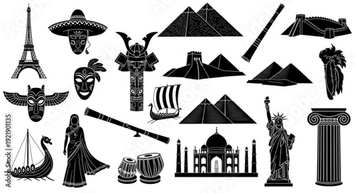 Collection of famous world landmarks and cultural symbols.