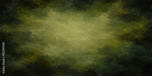 An abstract green grunge background with rays textures a dark night sky where blue smoke and bright moon light break through stormy black clouds