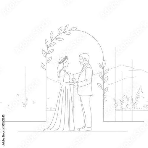 Wedding ceremony with bride groom and guests under floral arch decorated with flowers