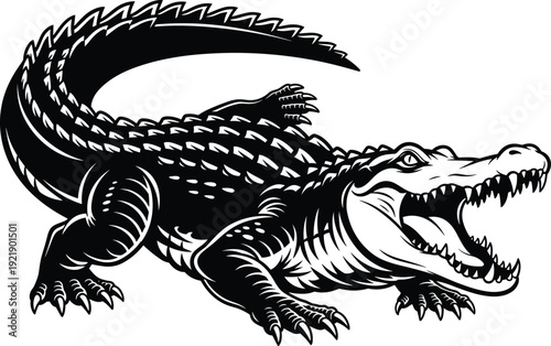 Alligator silhouette illustration, aggressive crocodile vector art, black and white reptile design, fierce wildlife predator graphic, detailed engraving style