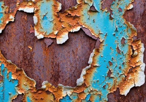 A heavily corroded surface showing deep pitting and peeling paint, providing a rugged, grunge background texture, decay, brown, harsh