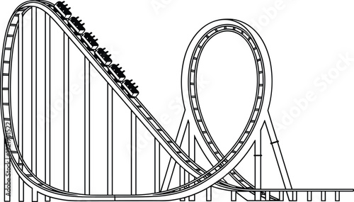 Roller coaster outline illustration, amusement park ride vector, thrilling loop track design, theme park attraction line art graphic