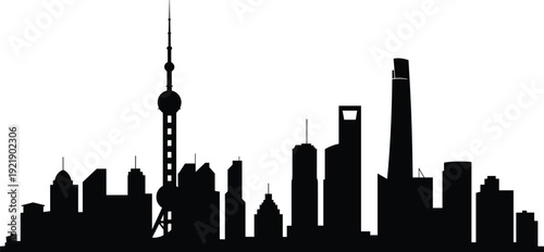 Shanghai skyline silhouette, modern city skyscrapers panorama, urban architecture landmark concept, China metropolis buildings, isolated black cityscape vector illustration