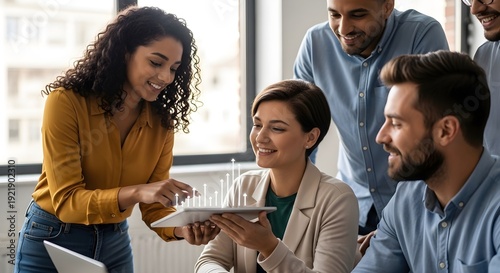 Diverse group of business colleagues collaborating and discussing ideas in a modern office setting.