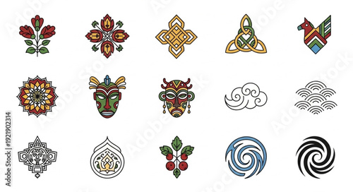 Collection of diverse cultural artistic symbols and icons.
