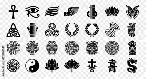 Collection of ancient symbols and cultural icons.
