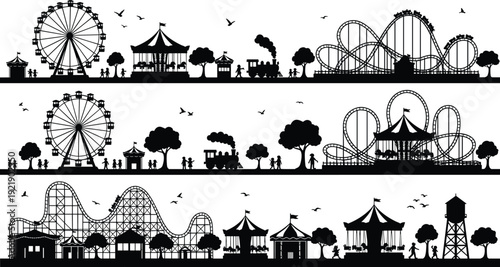 Amusement park skyline silhouette set, carnival rides panorama vector illustration, ferris wheel roller coaster fairground black and white design