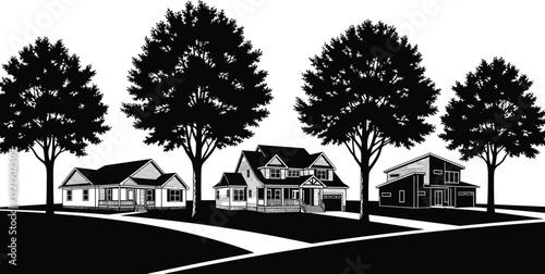 Suburban neighborhood houses illustration, residential homes with trees vector landscape, modern real estate property exterior design artwork