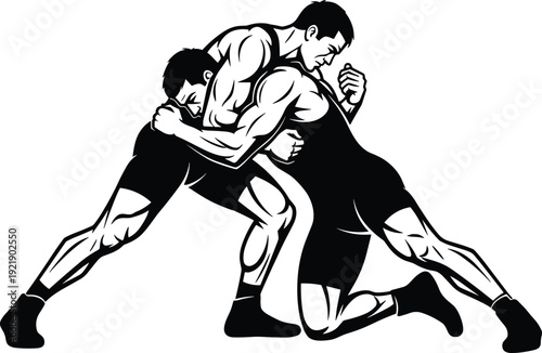 Wrestling athletes silhouette illustration, two muscular men grappling in competitive sport pose, black and white combat vector design