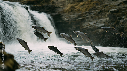 Dynamic salmon leap upstream against a powerful waterfall, showcasing nature's persistent struggle and the impressive migration of wildlife in pristine waters