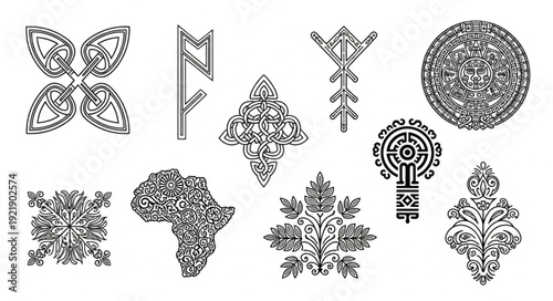 Collection of intricate black and white graphic designs and symbols.