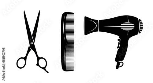 Hairdressing tools including scissors comb and hairdryer.