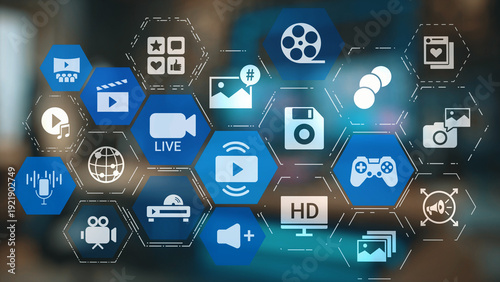 Obraz na płótnie Multimedia technology with video, audio, photo and streaming icons representing digital media, communication and online platforms in a modern multimedia world