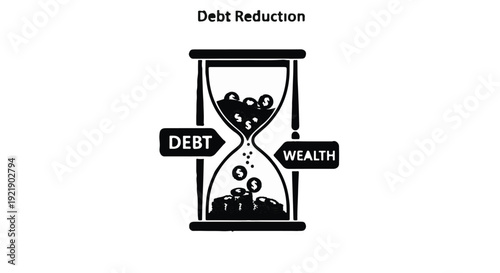 Debt reduction concept with hourglass and coins