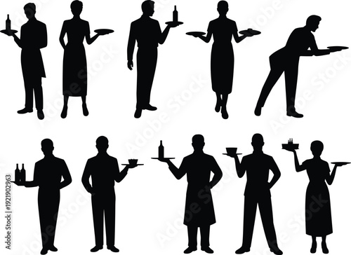 Waiter waitress silhouettes set, restaurant service staff with trays, hospitality industry concept, catering professionals, food serving workers, isolated uniform characters vector illustration