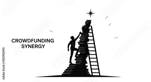 Crowdfunding teamwork concept with people climbing stairs and ladder to reach goal