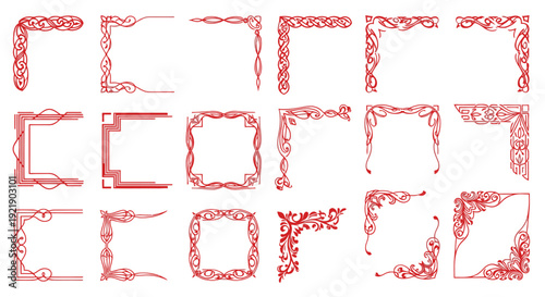 Collection of Red Ornate Decorative Frame Corners and Borders with Swirls and Scrolls, Isolated White Background