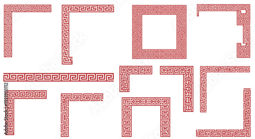 Red Greek Key Pattern Corner Frames and Meander Borders Set, Isolated White Background