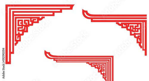 Set of Traditional Red Chinese Style Corner Frames and Borders with Geometric Patterns, Isolated White Background
