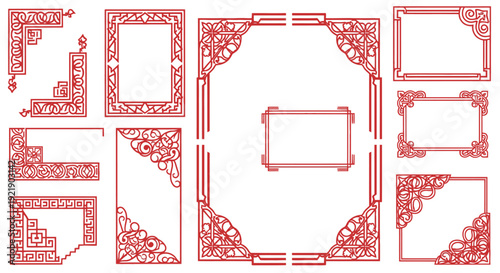 Extensive Set of Traditional Chinese Decorative Frames and Borders, Asian Ornate Elements Collection on Isolated White Background