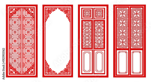 Traditional Chinese Decorative Doors and Window Panels Set, Asian Architectural Elements on Isolated White Background