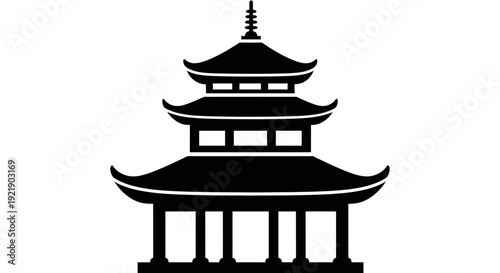 Traditional Japanese Pagoda Temple Building Silhouette, Iconic Eastern Architecture on Isolated White Background
