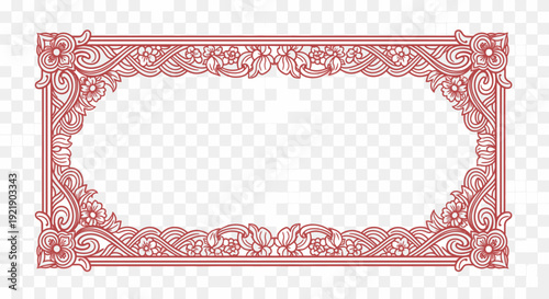 Ornate Red Traditional Asian Decorative Rectangular Frame with Intricate Floral Motifs on Isolated White Background