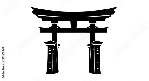 Black Silhouette of a Traditional Japanese Torii Gate Symbolizing a Sacred Entrance on Isolated White Background