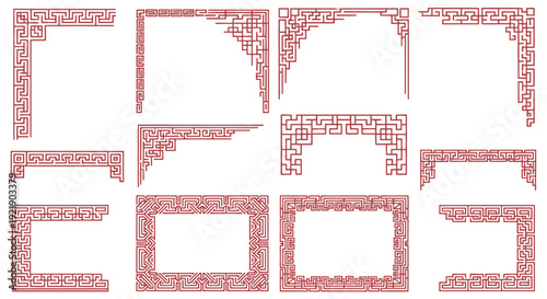 Large Set of Red Traditional Asian Decorative Frames and Border Elements on Isolated White Background