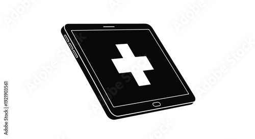 Medical cross symbol on smartphone screen with black background and white plus sign for health care and wellness concept