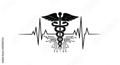 Medical symbol with heartbeat line, caduceus logo
