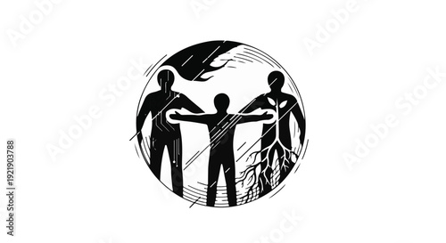 silhouette of three people standing together in circle
