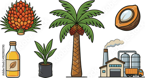 Palm Oil Industry Icon Set – Oil Palm Tree, Fruit, Bottle, Seed and Factory Flat Vector Illustration
