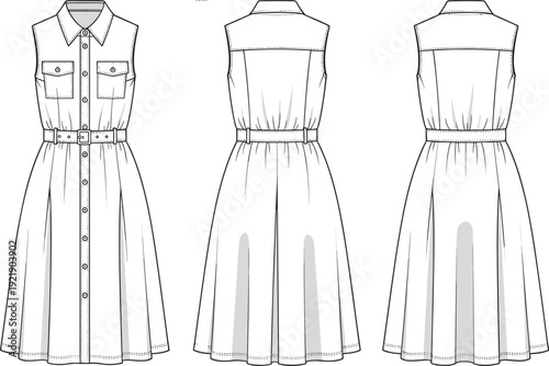 Women's and men's fashion apparel collection featuring jackets, dresses, trousers, skirts, blouses, and shirts technical cad drawing flat vector illustration.