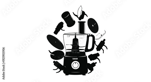 Black silhouette blender kitchen appliance with various food ingredients and accessories in modern style