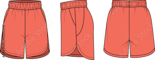 Women's and men's apparel collection featuring jackets, evening gowns, cargo pants, skirts, and shirts technical cad drawing flat vector illustration, template.