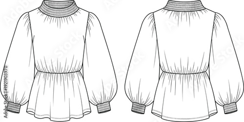 Women's and men's fashion apparel collection featuring jackets, dresses, trousers, skirts, blouses, and shirts technical cad drawing flat vector illustration.