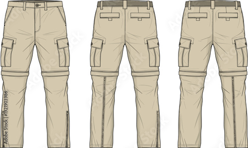 Men's utility cargo pants and zip-off convertible trousers technical cad drawing flat vector illustration, fashion apparel clothing design template sketches.