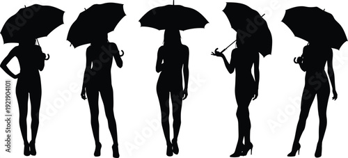 Set of elegant woman silhouettes holding umbrellas in different poses isolated on white background illustration