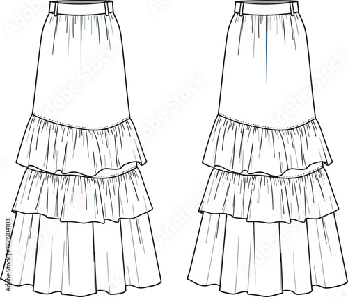 Women's fashion collection featuring evening gowns, tiered maxi skirts, wide leg trousers, and polo shirts cad drawing flat vector illustration, template.