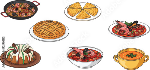 Seafood and dessert food illustration set, paella, soup, pie, cake, traditional dishes, vector design