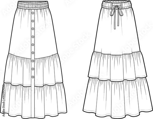 Women's fashion collection featuring tiered maxi skirt, evening gown, wide leg trousers, and polo shirt cad drawing flat vector illustration, apparel template.